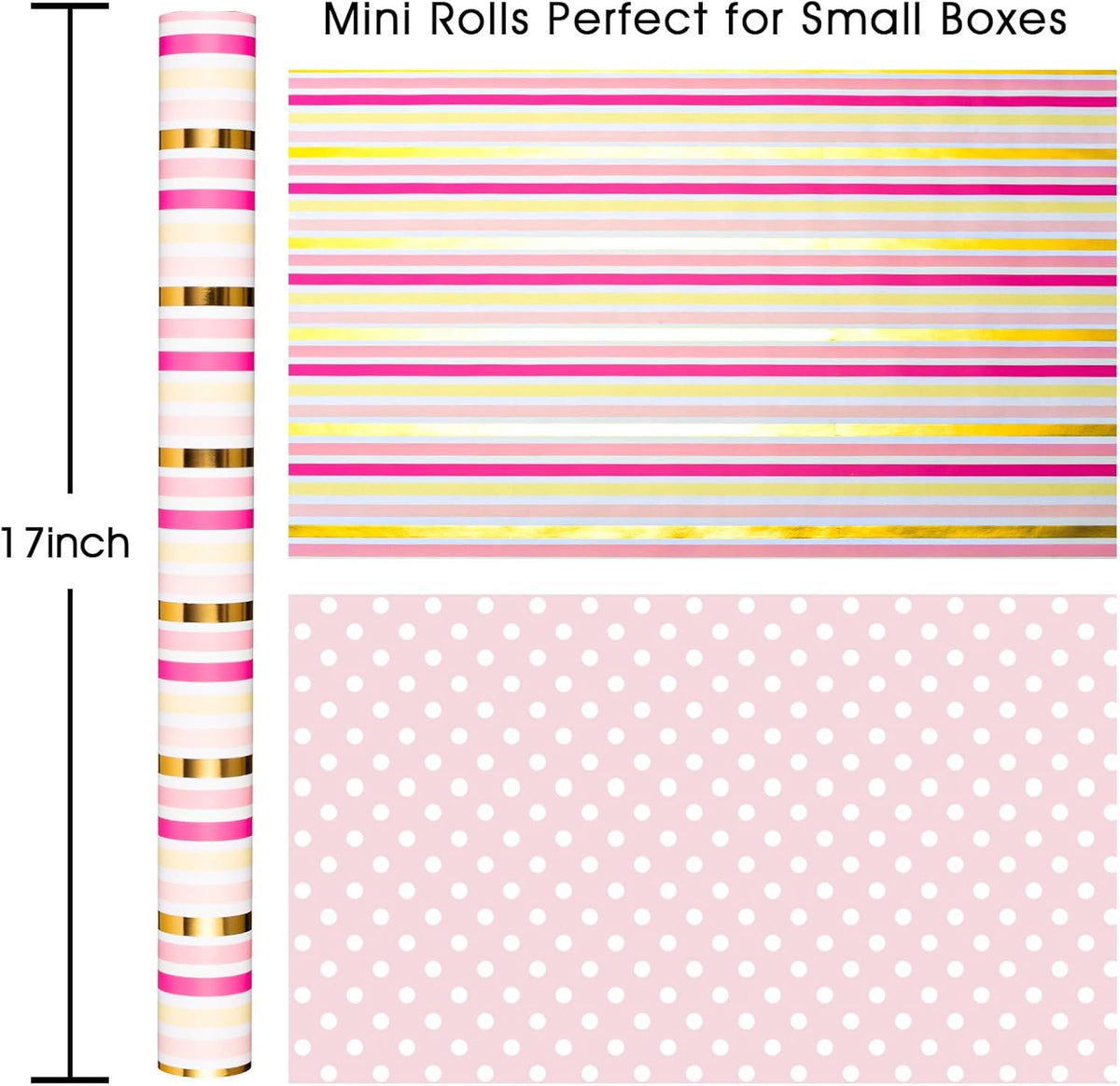 Pink Wrapping Paper,Metallic Pink & Gold Foil Shimmering Stripe Gift Wrap With Grid Cutting Lines for Girls,Wedding,Baby Shower,Birthday (17 IN x 32.8 FT)