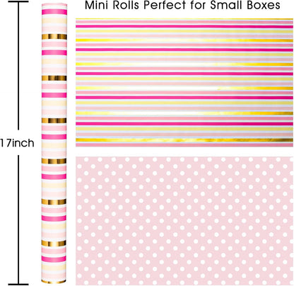 Pink Wrapping Paper,Metallic Pink & Gold Foil Shimmering Stripe Gift Wrap With Grid Cutting Lines for Girls,Wedding,Baby Shower,Birthday (17 IN x 32.8 FT)
