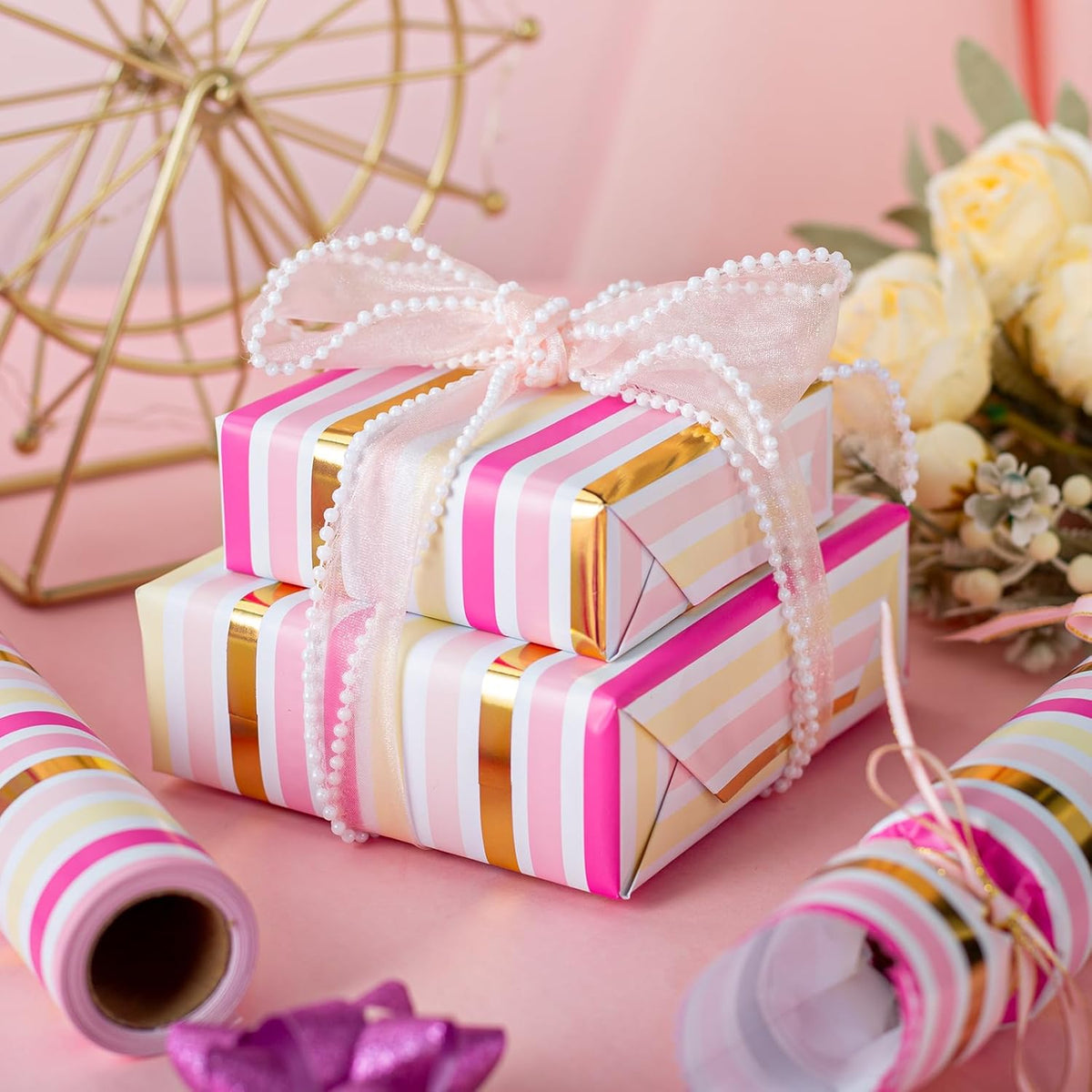 Pink Wrapping Paper,Metallic Pink & Gold Foil Shimmering Stripe Gift Wrap With Grid Cutting Lines for Girls,Wedding,Baby Shower,Birthday (17 IN x 32.8 FT)