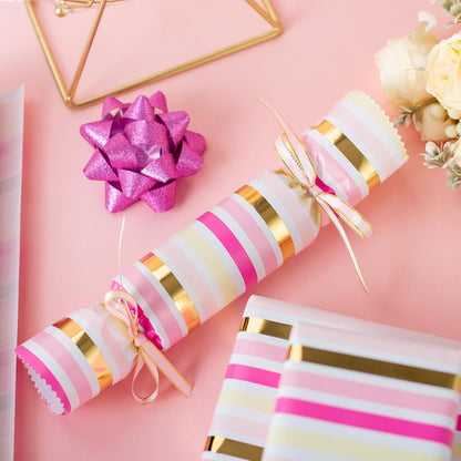 Pink Wrapping Paper,Metallic Pink & Gold Foil Shimmering Stripe Gift Wrap With Grid Cutting Lines for Girls,Wedding,Baby Shower,Birthday (17 IN x 32.8 FT)