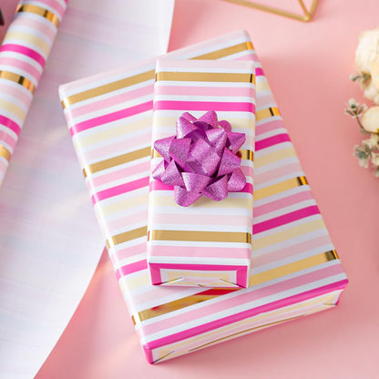 Pink Wrapping Paper,Metallic Pink & Gold Foil Shimmering Stripe Gift Wrap With Grid Cutting Lines for Girls,Wedding,Baby Shower,Birthday (17 IN x 32.8 FT)
