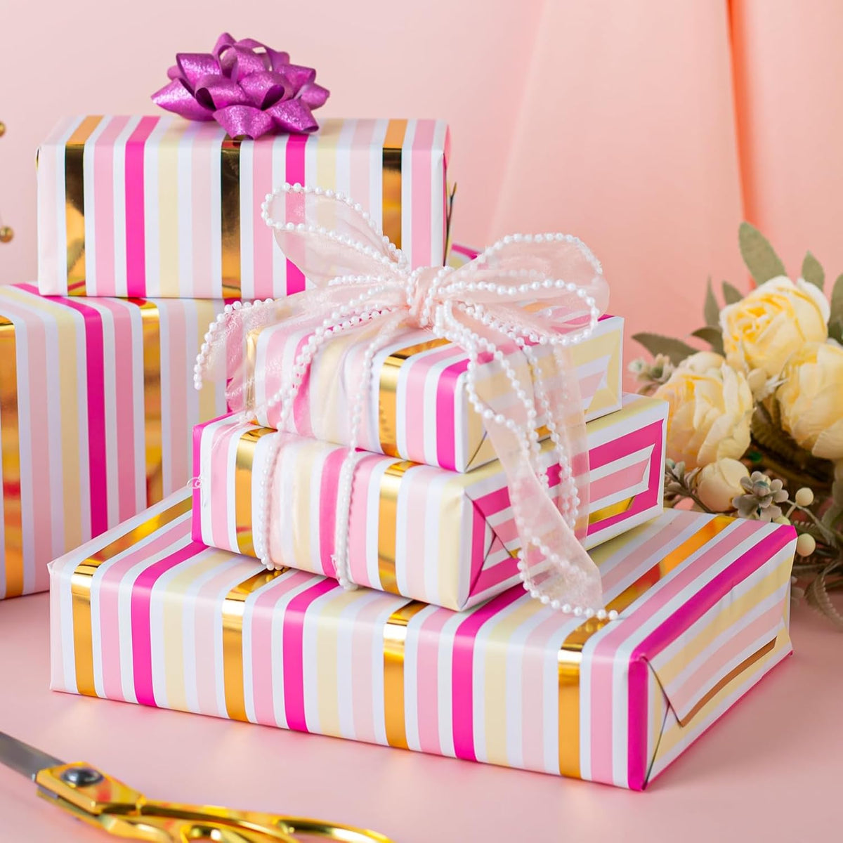 Pink Wrapping Paper,Metallic Pink & Gold Foil Shimmering Stripe Gift Wrap With Grid Cutting Lines for Girls,Wedding,Baby Shower,Birthday (17 IN x 32.8 FT)