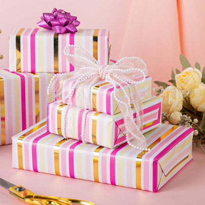 Pink Wrapping Paper,Metallic Pink & Gold Foil Shimmering Stripe Gift Wrap With Grid Cutting Lines for Girls,Wedding,Baby Shower,Birthday (17 IN x 32.8 FT)