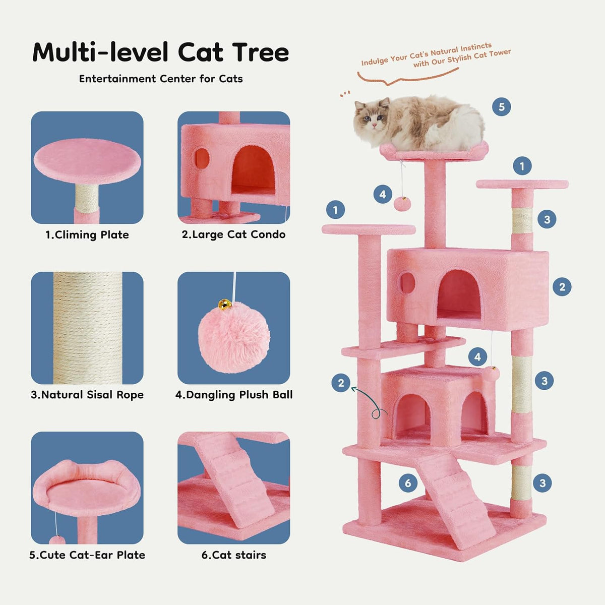 DUMOS 54-inch Cat Tree Tower with Scratching Posts, Indoor Use