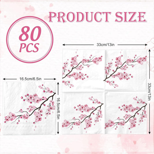 80Pcs Cherry Blossom Paper Napkins Pink Floral Disposable Napkin Spring Summer Flower Luncheon Dinner Hand Napkin for Wedding Birthday Baby Shower Party Supplies
