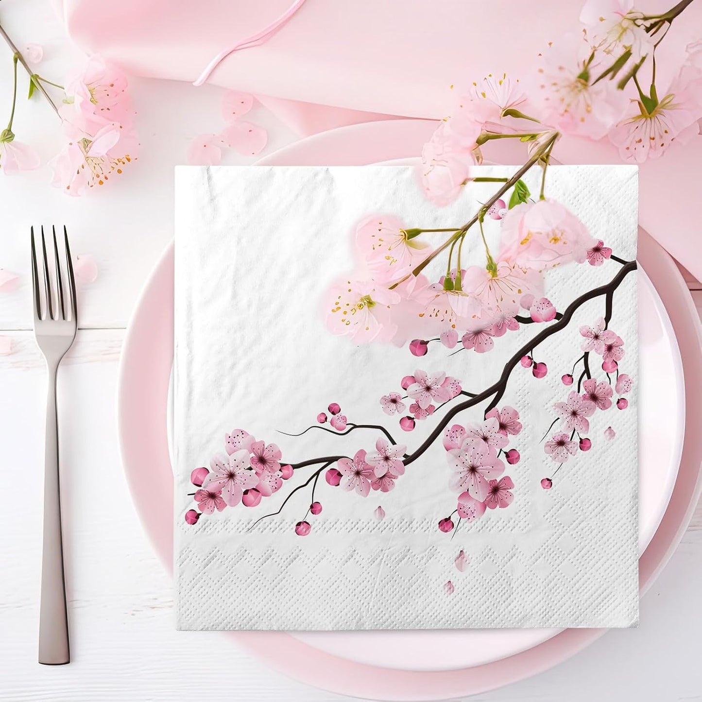 80Pcs Cherry Blossom Paper Napkins Pink Floral Disposable Napkin Spring Summer Flower Luncheon Dinner Hand Napkin for Wedding Birthday Baby Shower Party Supplies
