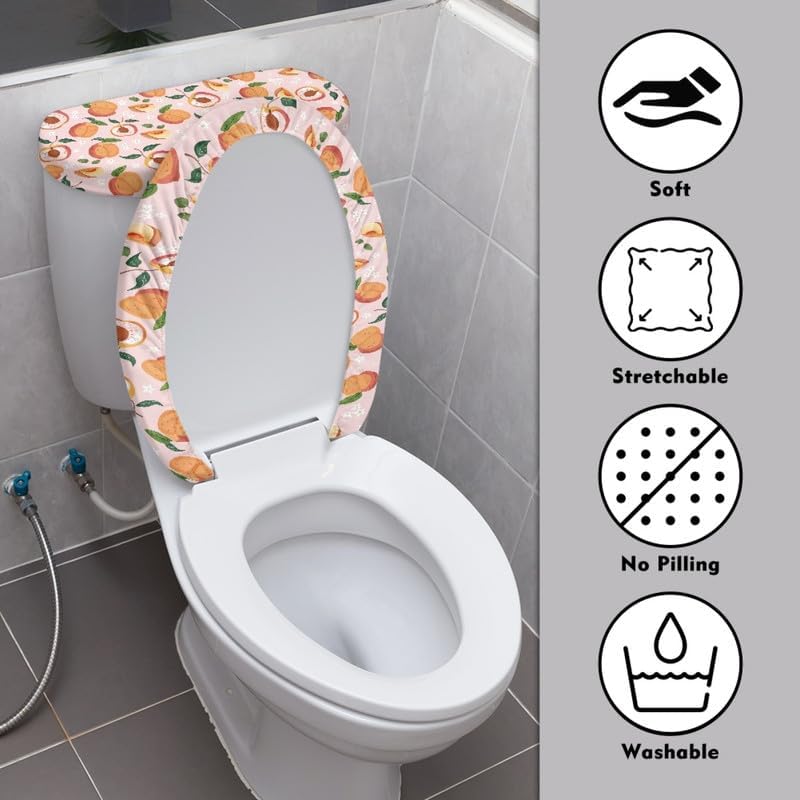 Honey Peach Standard Toilet Seat Lid Cover Set Cartoon Honey Peach Toilet Seat Covers Pink Fruit Print with Elastic Edge Stays in Place