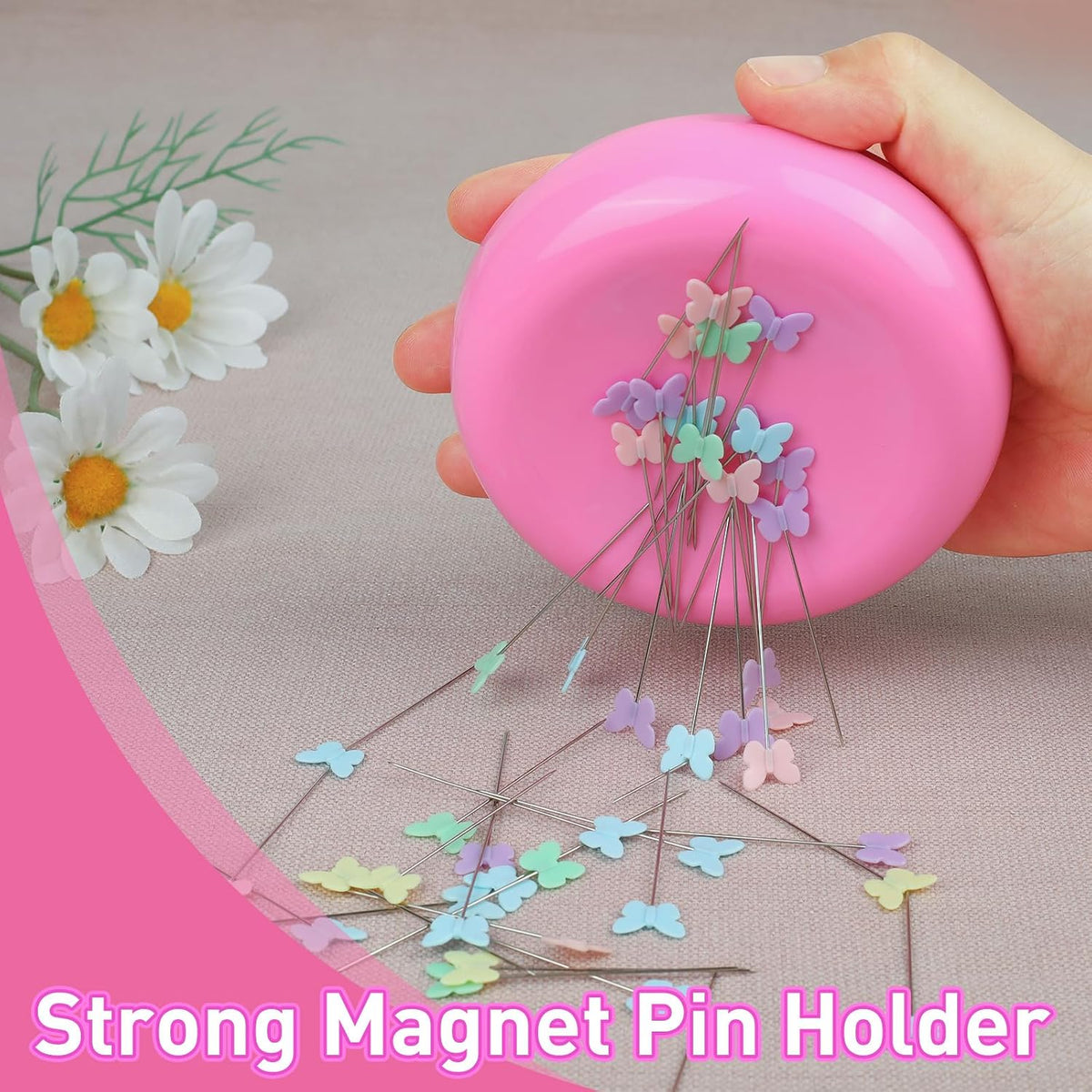 Magnetic Pin Cushion with 100pcs Butterfly Head Straight Pins, Bobby Pin Holder for Sewing, Magnet Needle Cushion, Paper Clip Collector, Secure Pin Storager, Sewing & Quilting Accessories