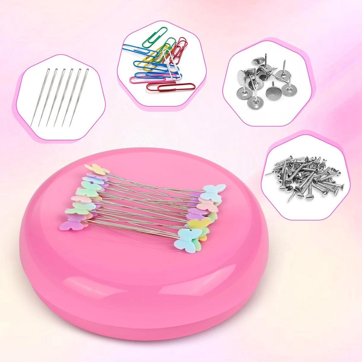 Magnetic Pin Cushion with 100pcs Butterfly Head Straight Pins, Bobby Pin Holder for Sewing, Magnet Needle Cushion, Paper Clip Collector, Secure Pin Storager, Sewing & Quilting Accessories