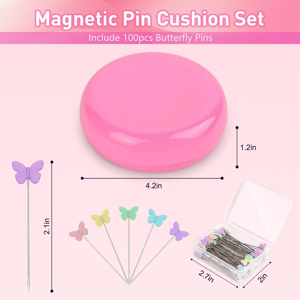 Magnetic Pin Cushion with 100pcs Butterfly Head Straight Pins, Bobby Pin Holder for Sewing, Magnet Needle Cushion, Paper Clip Collector, Secure Pin Storager, Sewing & Quilting Accessories