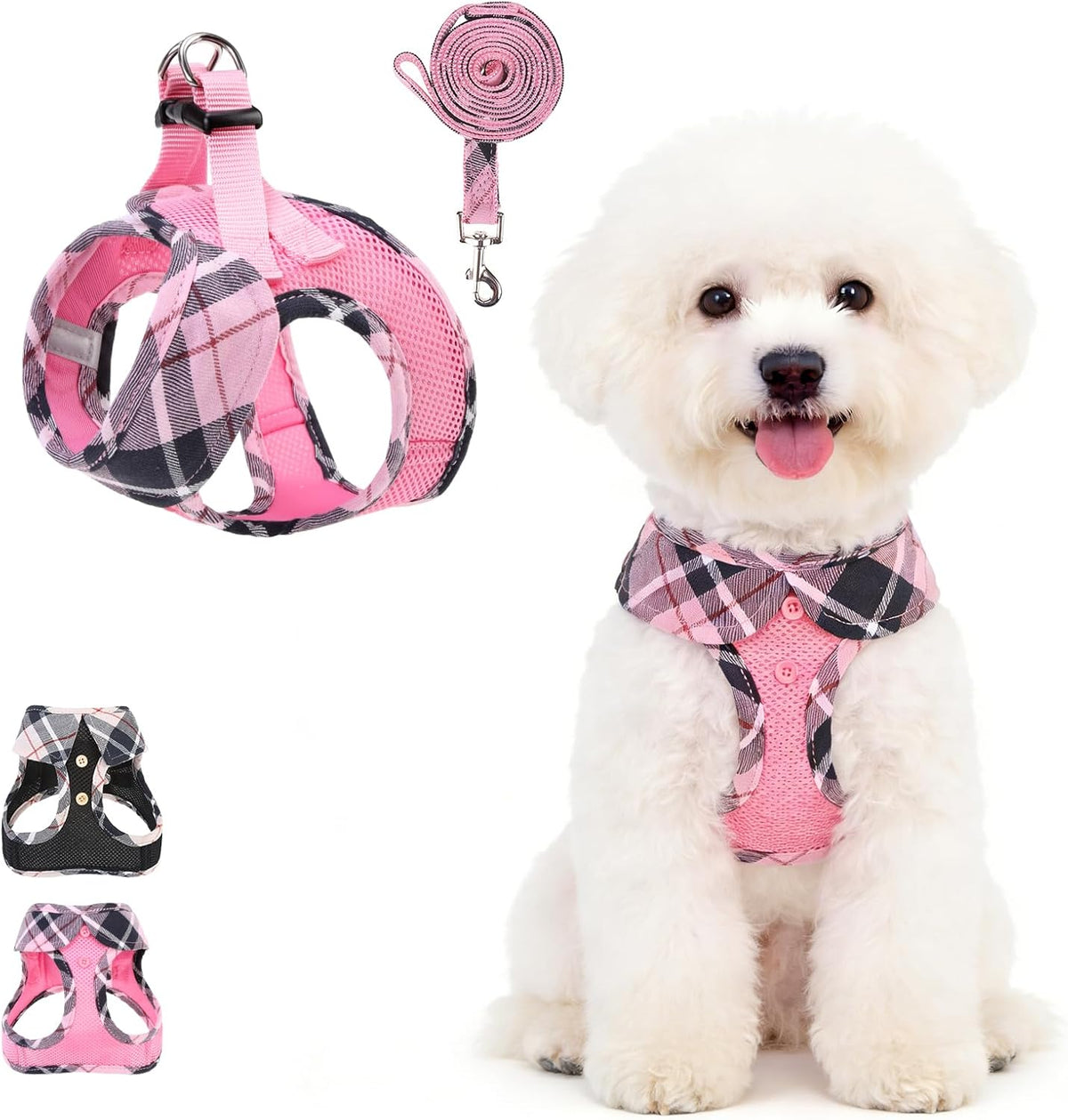 Small Dog Harness and Leash Set, Cute Pink Girl Puppy Harness, Step in No Pull Soft Mesh Pet Vest Harness Collar for Small Size Dogs Cats, Plaid Dog Halters for Outdoor Walking, Pink S