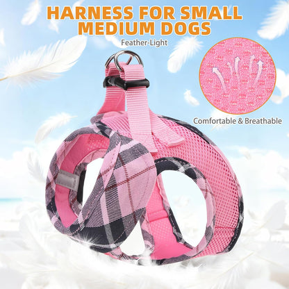 Small Dog Harness and Leash Set, Cute Pink Girl Puppy Harness, Step in No Pull Soft Mesh Pet Vest Harness Collar for Small Size Dogs Cats, Plaid Dog Halters for Outdoor Walking, Pink S