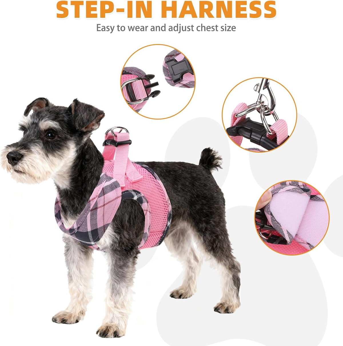 Small Dog Harness and Leash Set, Cute Pink Girl Puppy Harness, Step in No Pull Soft Mesh Pet Vest Harness Collar for Small Size Dogs Cats, Plaid Dog Halters for Outdoor Walking, Pink S