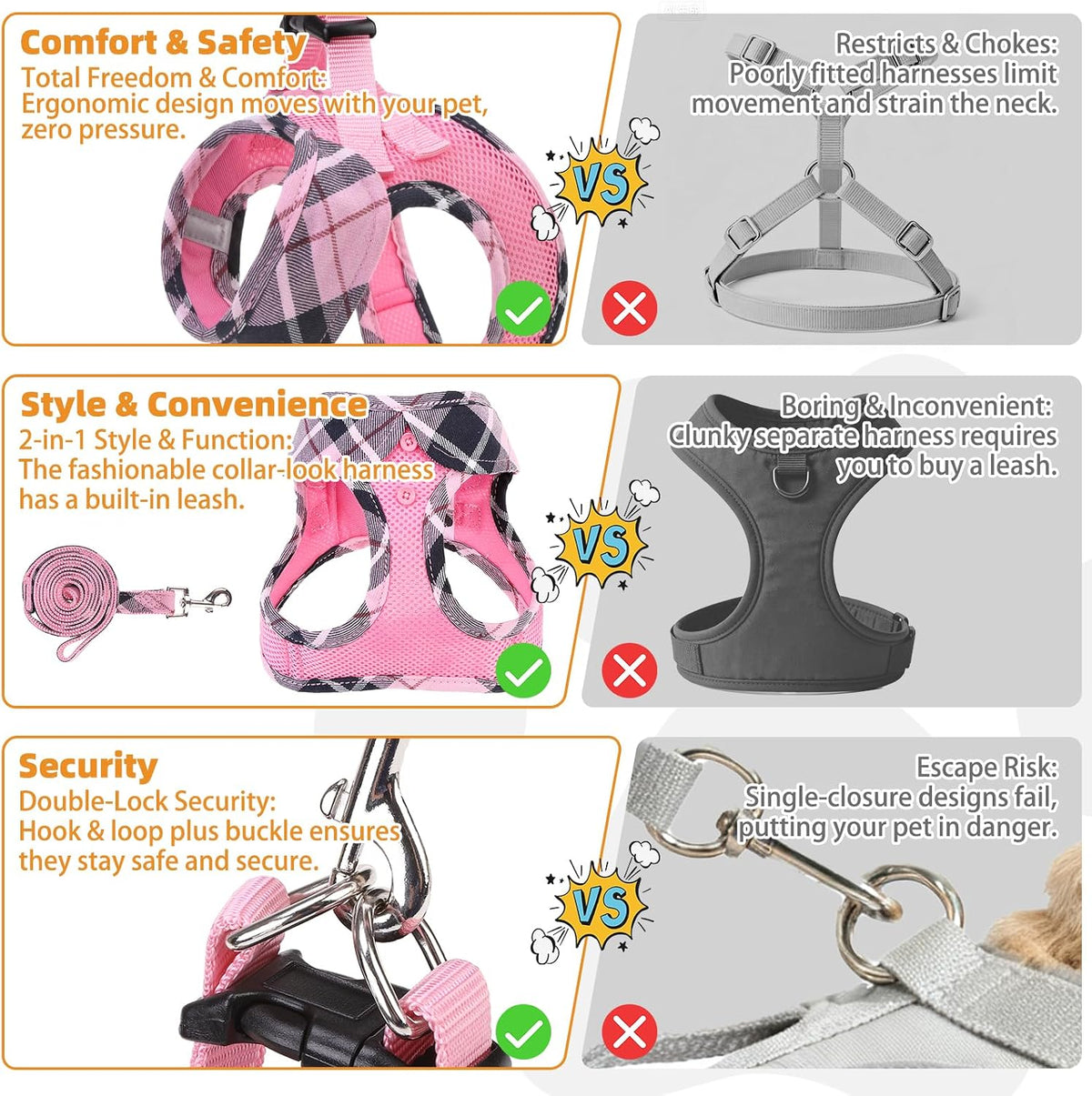 Small Dog Harness and Leash Set, Cute Pink Girl Puppy Harness, Step in No Pull Soft Mesh Pet Vest Harness Collar for Small Size Dogs Cats, Plaid Dog Halters for Outdoor Walking, Pink S