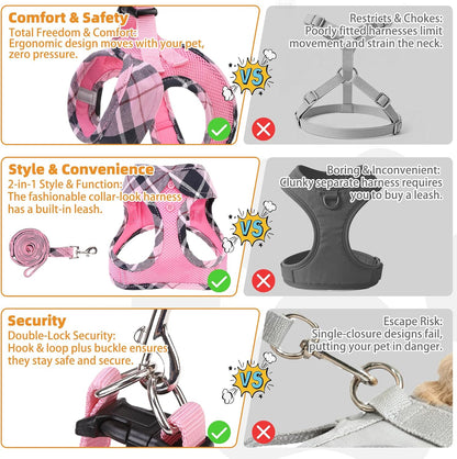 Small Dog Harness and Leash Set, Cute Pink Girl Puppy Harness, Step in No Pull Soft Mesh Pet Vest Harness Collar for Small Size Dogs Cats, Plaid Dog Halters for Outdoor Walking, Pink S