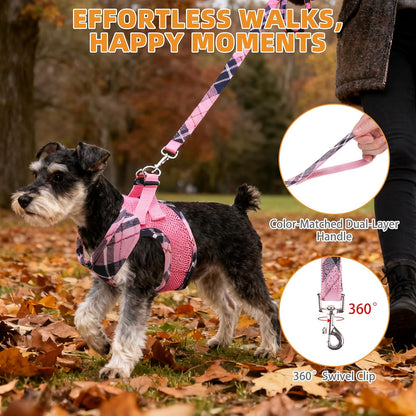 Small Dog Harness and Leash Set, Cute Pink Girl Puppy Harness, Step in No Pull Soft Mesh Pet Vest Harness Collar for Small Size Dogs Cats, Plaid Dog Halters for Outdoor Walking, Pink S