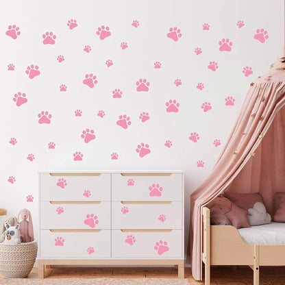 60PCS Dog Paw Wall Decals, Pink Cartoon Dog Paw Print Peel Stick Stickers