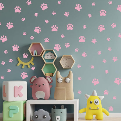 60PCS Dog Paw Wall Decals, Pink Cartoon Dog Paw Print Peel Stick Stickers