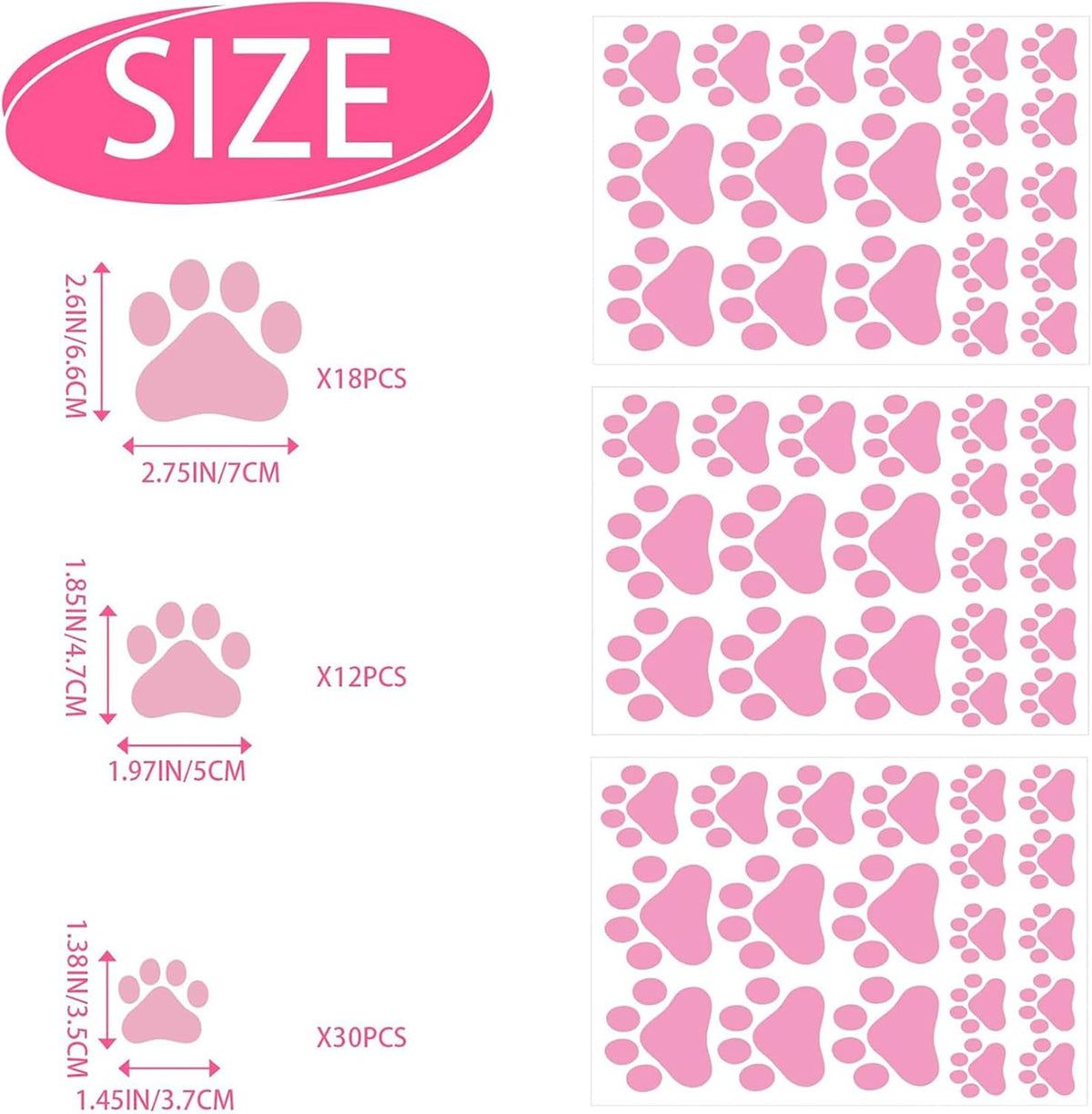 60PCS Dog Paw Wall Decals, Pink Cartoon Dog Paw Print Peel Stick Stickers