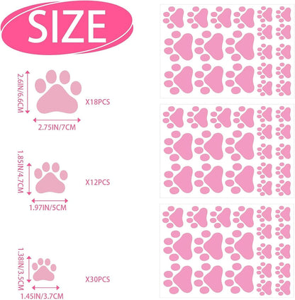 60PCS Dog Paw Wall Decals, Pink Cartoon Dog Paw Print Peel Stick Stickers