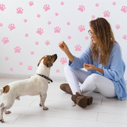 60PCS Dog Paw Wall Decals, Pink Cartoon Dog Paw Print Peel Stick Stickers