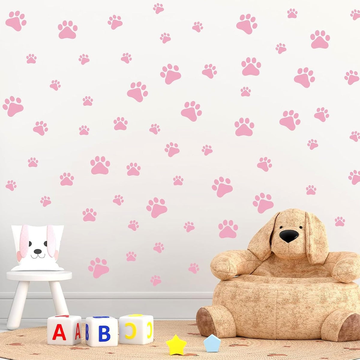 60PCS Dog Paw Wall Decals, Pink Cartoon Dog Paw Print Peel Stick Stickers