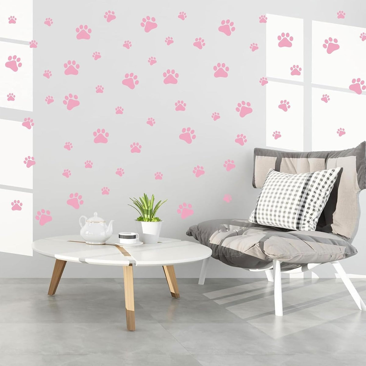 60PCS Dog Paw Wall Decals, Pink Cartoon Dog Paw Print Peel Stick Stickers