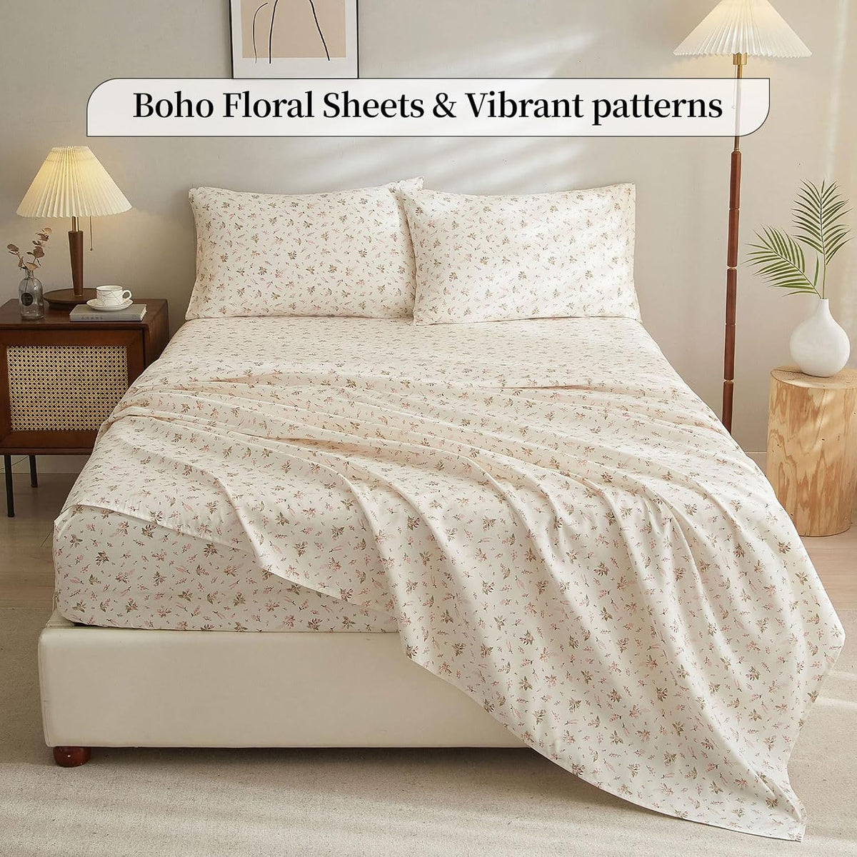 Queen Bed Sheet Sets White 4 Piece - Vintage Pink Floral Sheets Set Queen - Luxury Soft Bedding Queen Bed Sheets,Extra Deep Pockets 16",Fitted Sheets and Pillowcases Set,Breathable