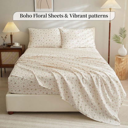 Queen Bed Sheet Sets White 4 Piece - Vintage Pink Floral Sheets Set Queen - Luxury Soft Bedding Queen Bed Sheets,Extra Deep Pockets 16",Fitted Sheets and Pillowcases Set,Breathable