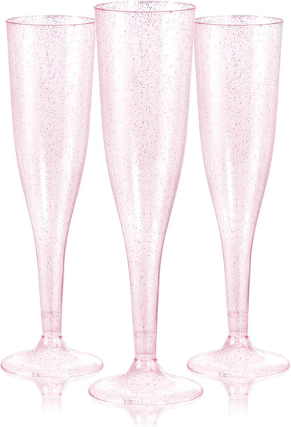 36 Pack Pink Glitter Plastic Champagne Flutes - 7OZ Disposable Pink Glasses Glitter Champagne Flutes Plastic for Party/Wedding/Birthday/Bridal Shower