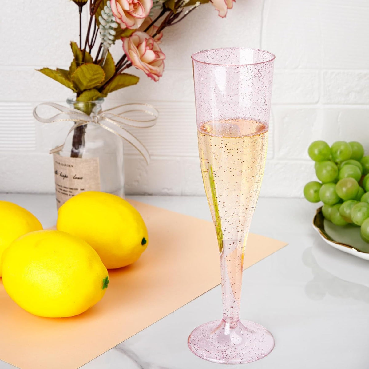 36 Pack Pink Glitter Plastic Champagne Flutes - 7OZ Disposable Pink Glasses Glitter Champagne Flutes Plastic for Party/Wedding/Birthday/Bridal Shower