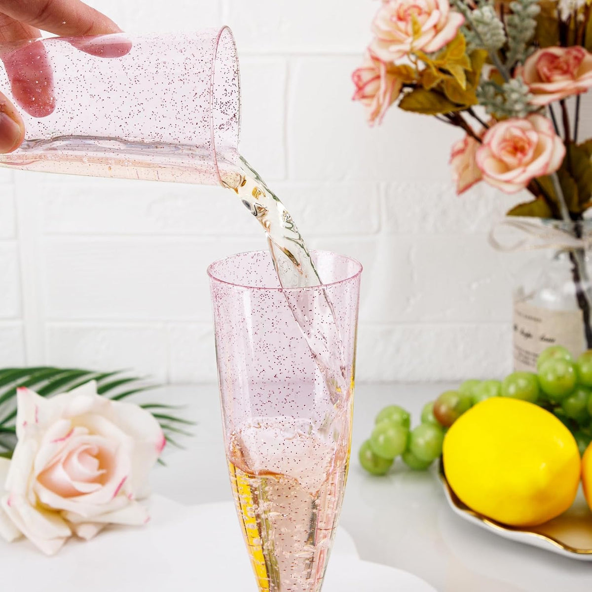 36 Pack Pink Glitter Plastic Champagne Flutes - 7OZ Disposable Pink Glasses Glitter Champagne Flutes Plastic for Party/Wedding/Birthday/Bridal Shower