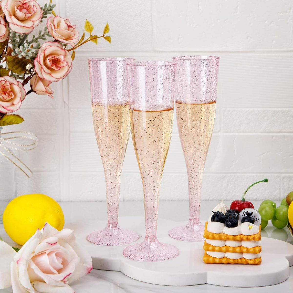 36 Pack Pink Glitter Plastic Champagne Flutes - 7OZ Disposable Pink Glasses Glitter Champagne Flutes Plastic for Party/Wedding/Birthday/Bridal Shower
