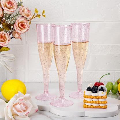 36 Pack Pink Glitter Plastic Champagne Flutes - 7OZ Disposable Pink Glasses Glitter Champagne Flutes Plastic for Party/Wedding/Birthday/Bridal Shower