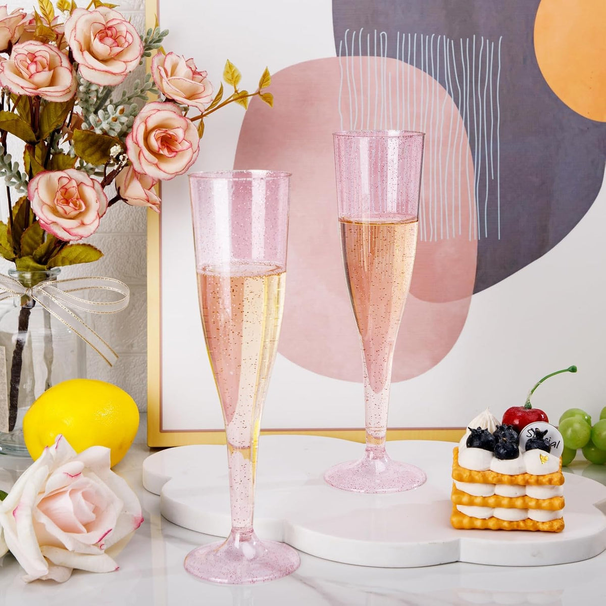 36 Pack Pink Glitter Plastic Champagne Flutes - 7OZ Disposable Pink Glasses Glitter Champagne Flutes Plastic for Party/Wedding/Birthday/Bridal Shower