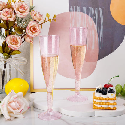 36 Pack Pink Glitter Plastic Champagne Flutes - 7OZ Disposable Pink Glasses Glitter Champagne Flutes Plastic for Party/Wedding/Birthday/Bridal Shower