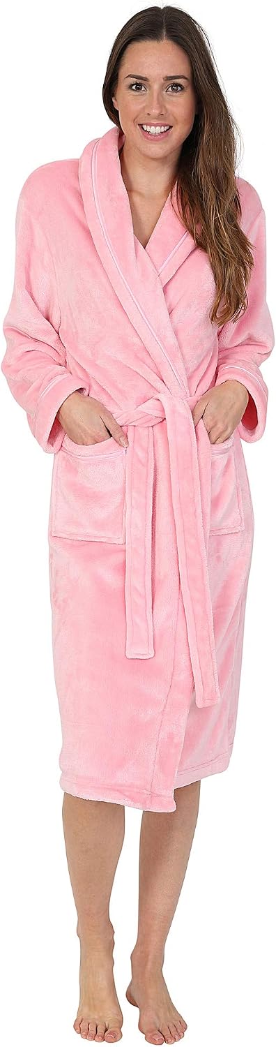Women's Soft Fleece Robe, Shawl Collar, Pink with Ribbon Detail (S)