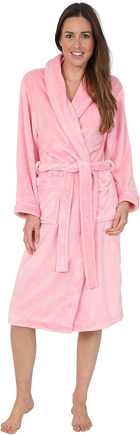 Women's Soft Fleece Robe, Shawl Collar, Pink with Ribbon Detail (S)