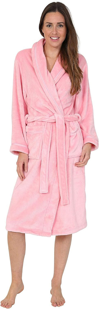 Women's Soft Fleece Robe, Shawl Collar, Pink with Ribbon Detail (S)