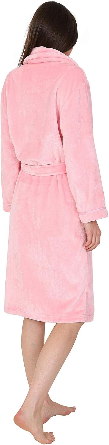 Women's Soft Fleece Robe, Shawl Collar, Pink with Ribbon Detail (S)