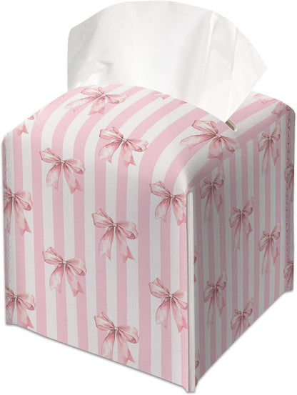 Pink Bow Decorative Leather Tissue Box Cover - Tissue Box Holder Gifts for Women Family and Friends Funny Unique Home Decor Decorative for Kids Room Kitchen Bathroom Office - A22