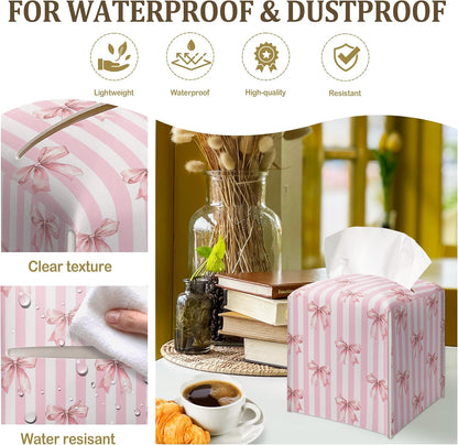 Pink Bow Decorative Leather Tissue Box Cover - Tissue Box Holder Gifts for Women Family and Friends Funny Unique Home Decor Decorative for Kids Room Kitchen Bathroom Office - A22