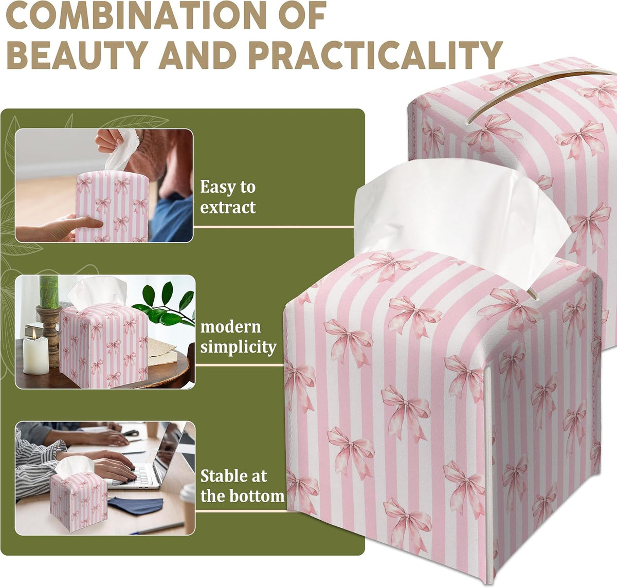 Pink Bow Decorative Leather Tissue Box Cover - Tissue Box Holder Gifts for Women Family and Friends Funny Unique Home Decor Decorative for Kids Room Kitchen Bathroom Office - A22