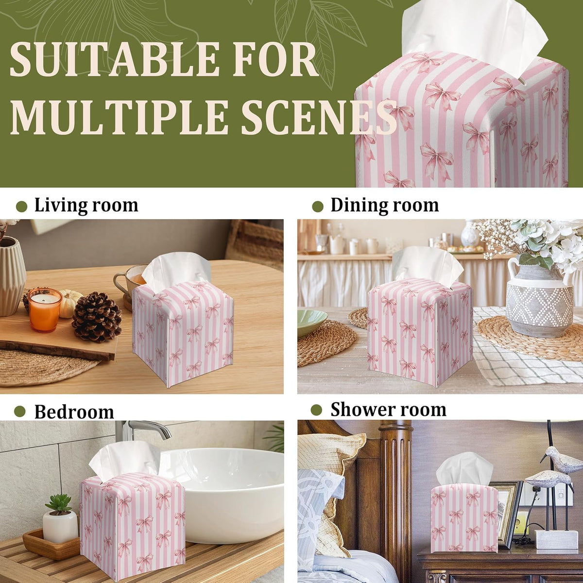 Pink Bow Decorative Leather Tissue Box Cover - Tissue Box Holder Gifts for Women Family and Friends Funny Unique Home Decor Decorative for Kids Room Kitchen Bathroom Office - A22
