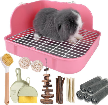 Rabbit Litter Box, Bunny Litter Box, Guinea Pig Potty Trained, Square Small Animal Toilet Potty Pan for Rabbit Guinea Pig Ferret Hamster Chinchilla (Pink)