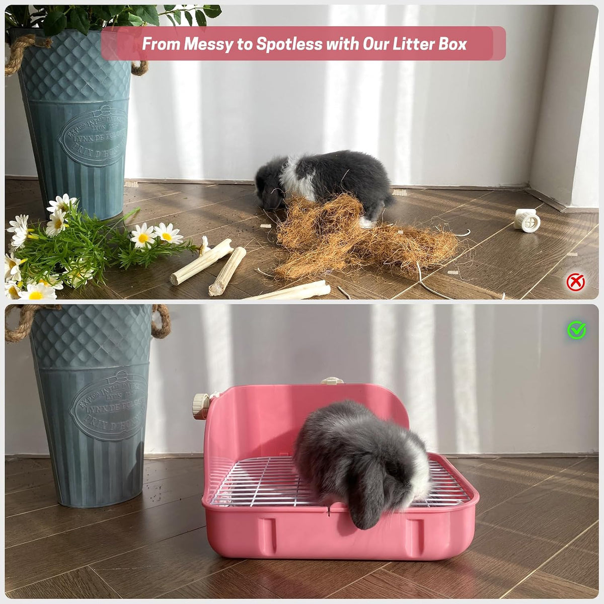 Rabbit Litter Box, Bunny Litter Box, Guinea Pig Potty Trained, Square Small Animal Toilet Potty Pan for Rabbit Guinea Pig Ferret Hamster Chinchilla (Pink)