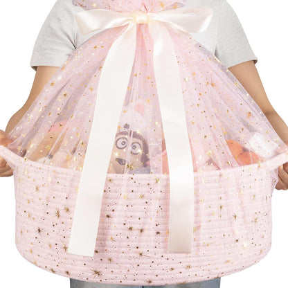 OIAHOMY Large Gift Basket Empty 17" x 12.6" x 7", Storage Basket with Gift Bag, Ribbon and Glitter Tulle for DIY Anytime, Toy Storage for Kids, Dogs with Handles in A Stylish Design - Pink
