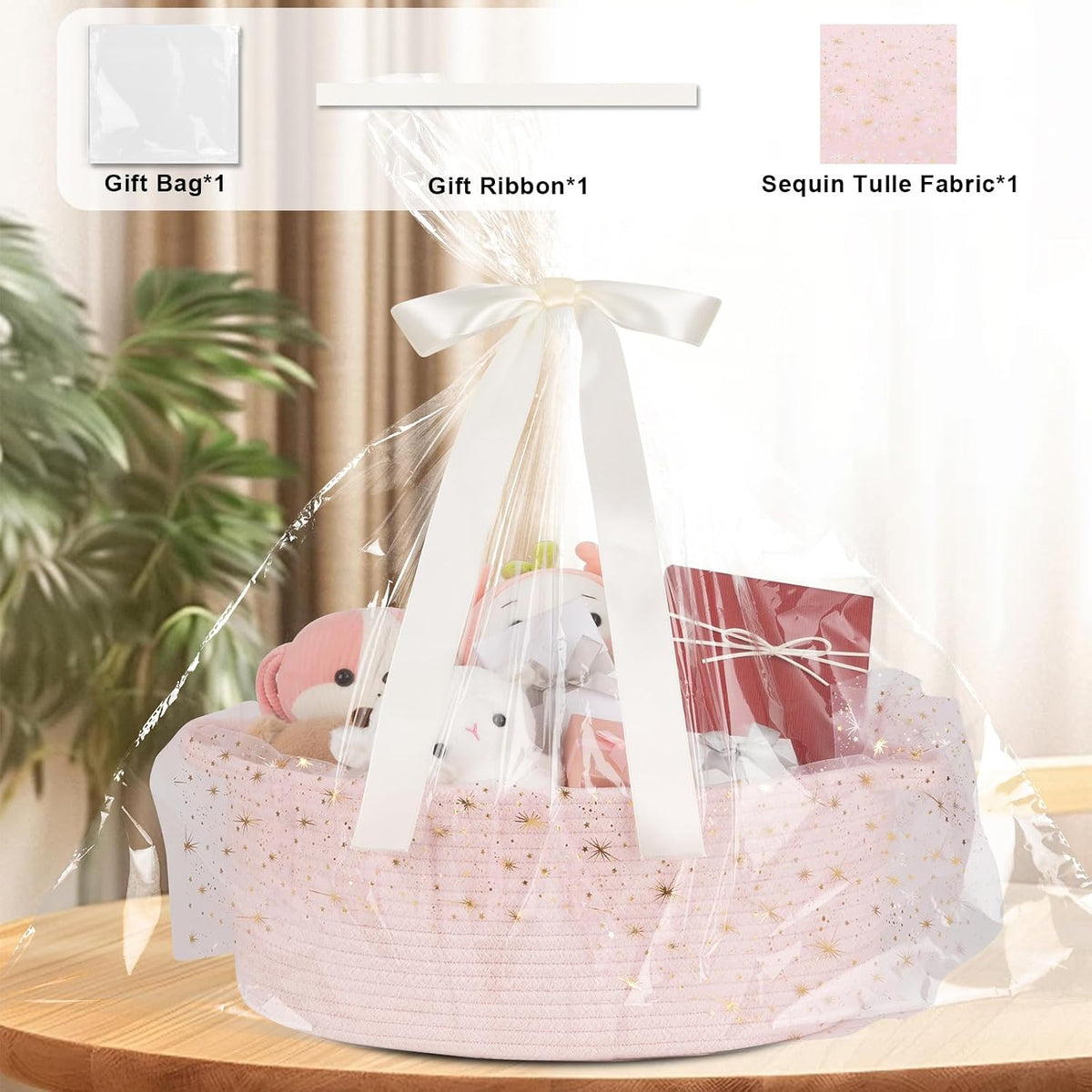 OIAHOMY Large Gift Basket Empty 17" x 12.6" x 7", Storage Basket with Gift Bag, Ribbon and Glitter Tulle for DIY Anytime, Toy Storage for Kids, Dogs with Handles in A Stylish Design - Pink