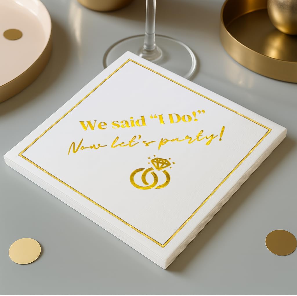 Wedding Cocktail Napkins, Elegant Gold Decorations for Weddings, Disposable Paper Napkin for Reception, Bar, After Party, Dessert Table, 50 Pack