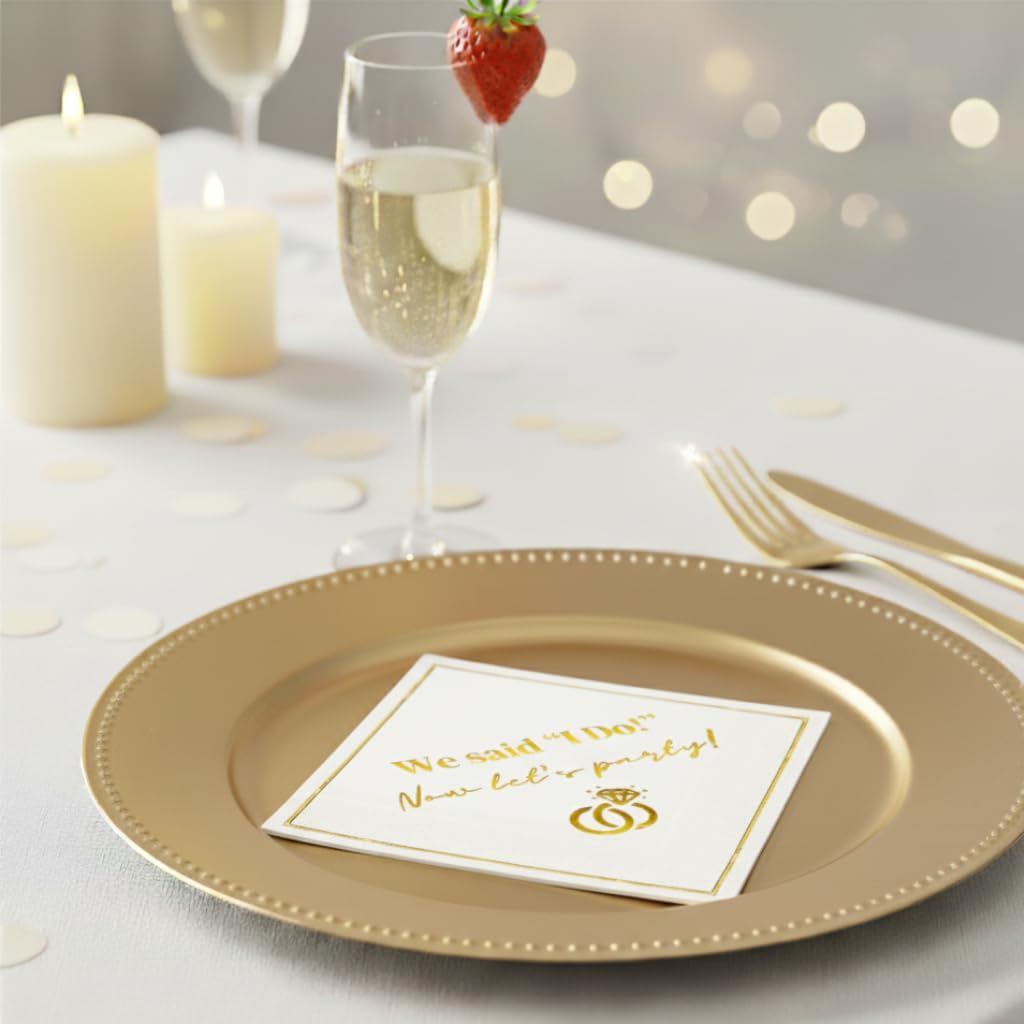 Wedding Cocktail Napkins, Elegant Gold Decorations for Weddings, Disposable Paper Napkin for Reception, Bar, After Party, Dessert Table, 50 Pack